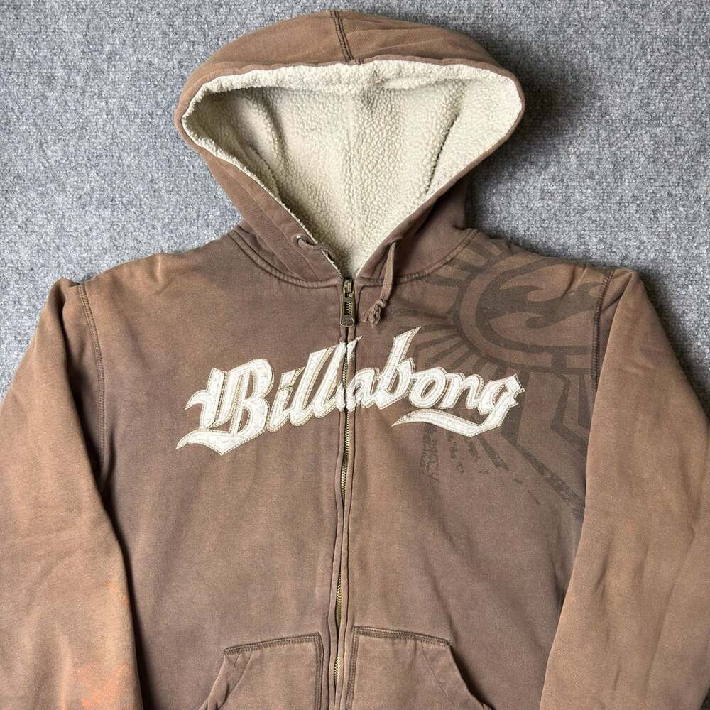 Billabong Sherpa Lined Zip Up Hoodie Brown Y2K